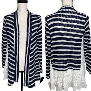 Signature Studio Open Front Striped Cardigan Contrasting White Floral Lace S